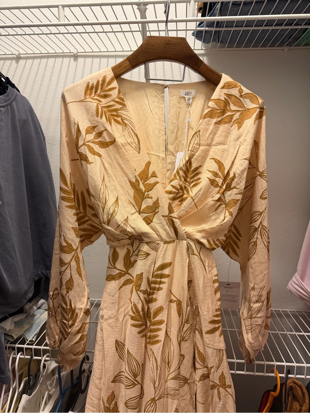 Long-Sleeve Cream Wrap Dress with Mustard Leaf Print